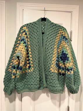 Handmade Crochet Granny Square One Size Cozy Cardigan Boho Chunky Knit Sweater
